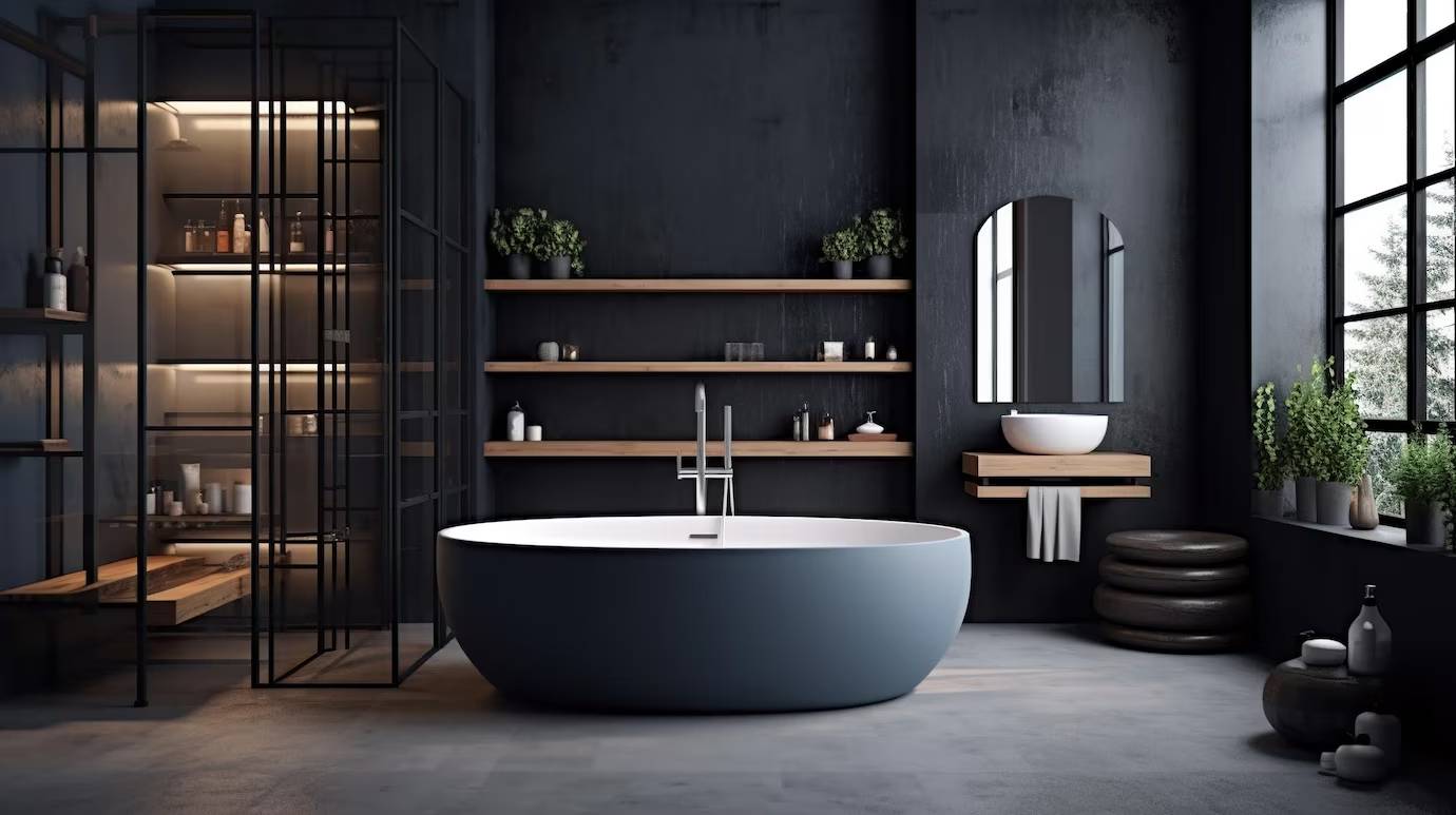 bathroom interior design with matte black bath generative ai Toilet repair