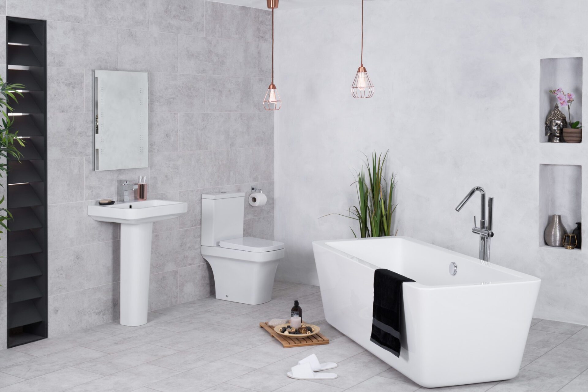 modern-bathroom-with-toilet-bathtub woman-doing-dishes-kitchen